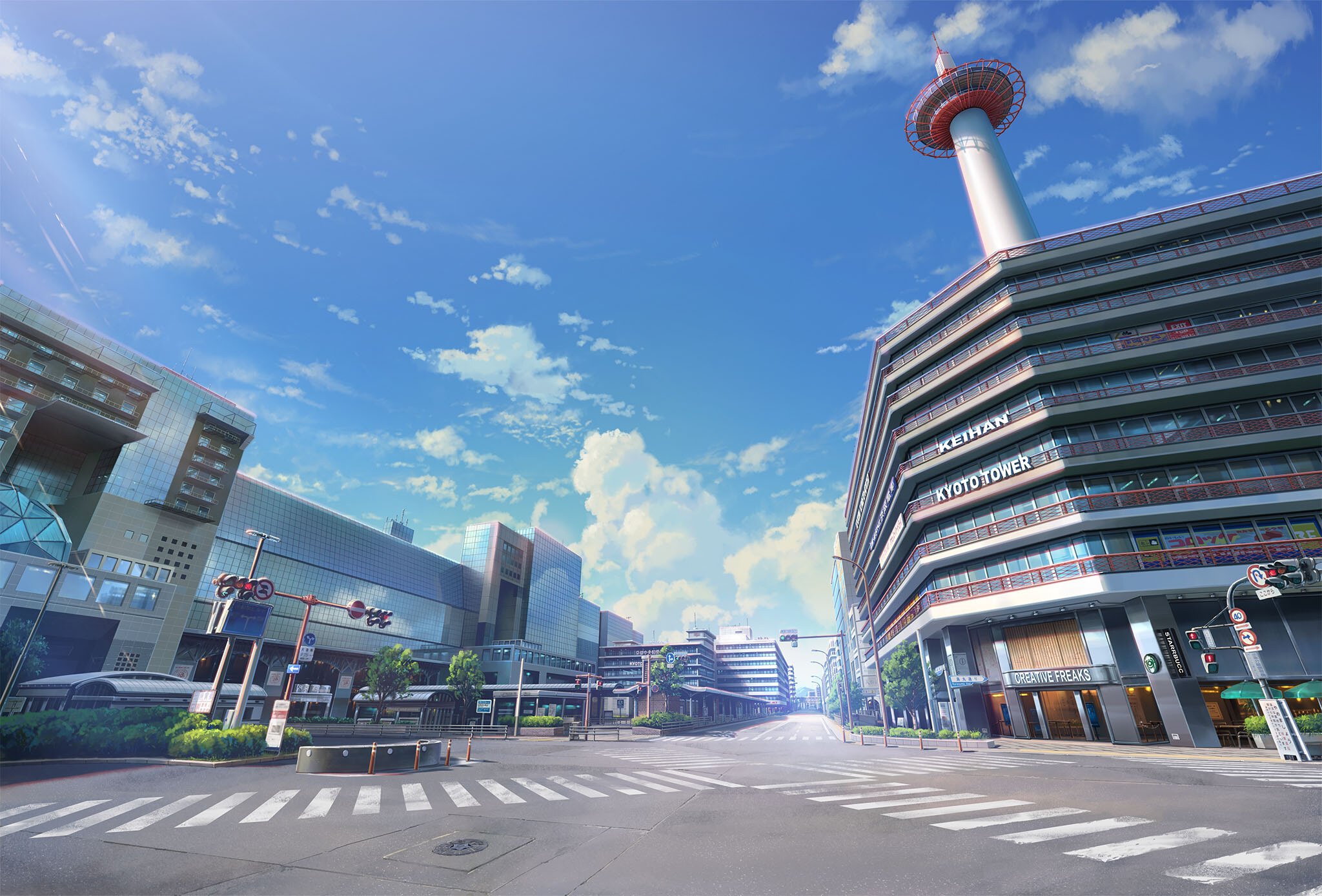 京都駅前と京都タワーを描いたアニメ背景美術