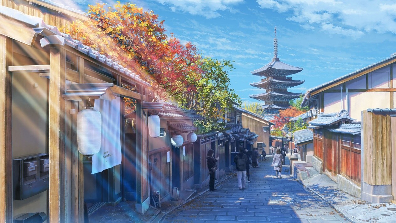 八坂の塔と秋の京都の石畳の路地を描いたアニメ背景美術