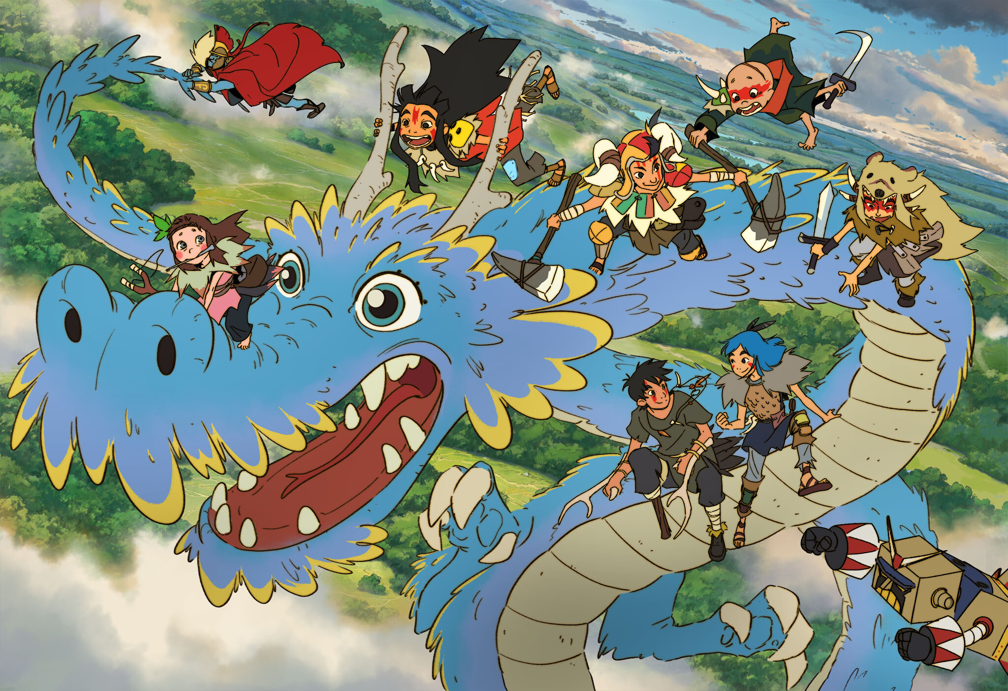 青い龍に乗って空を飛ぶキャラクターたちのアニメイラスト