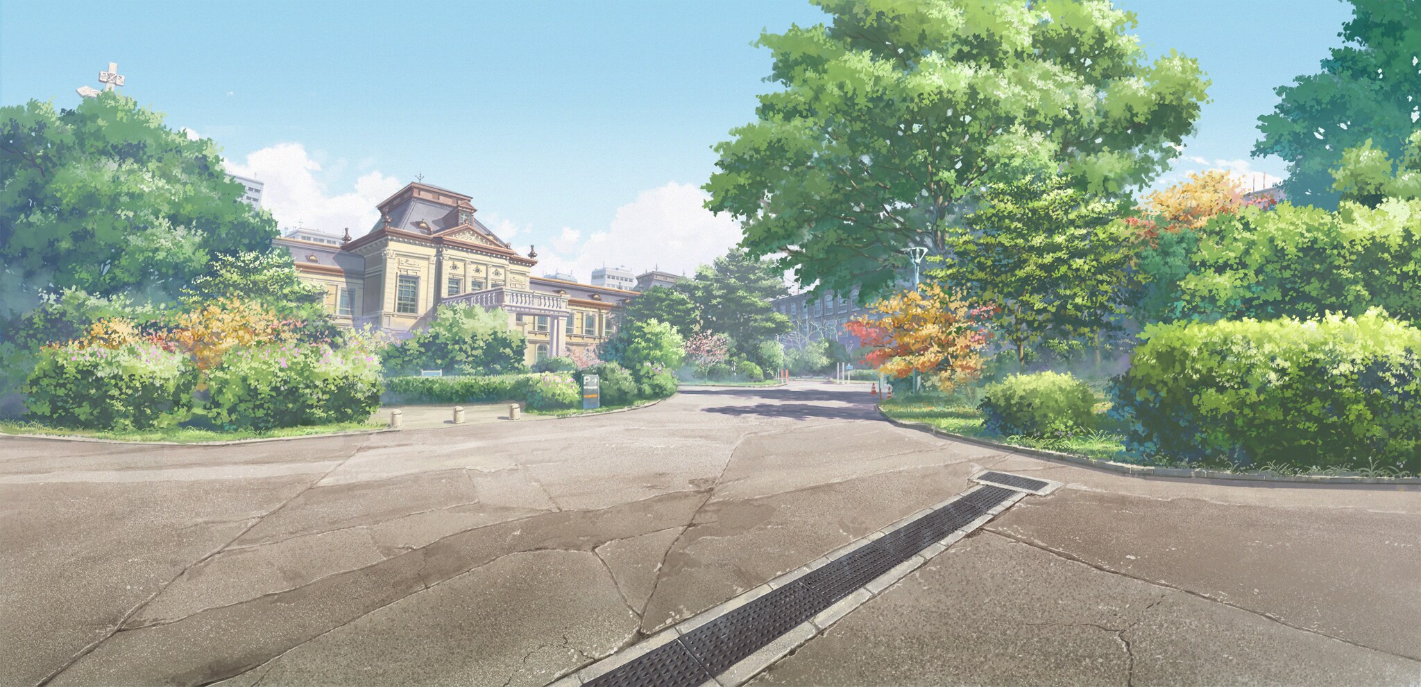 木々に囲まれた洋館と広場を描いたアニメ背景美術