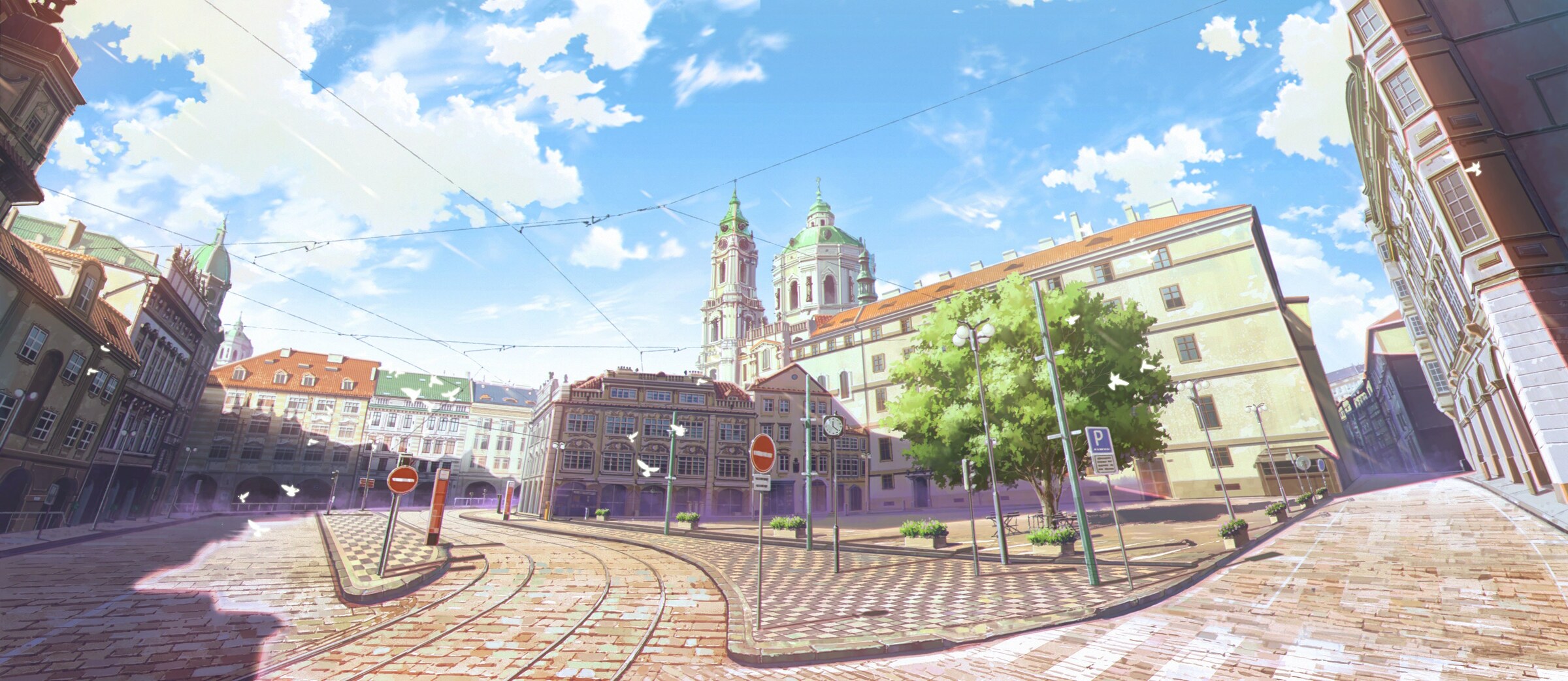 ヨーロッパの街並みと広場を描いたアニメ背景美術